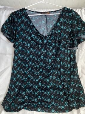 Level 8 Black Blouse with Teal Geometric Print and V-Neck